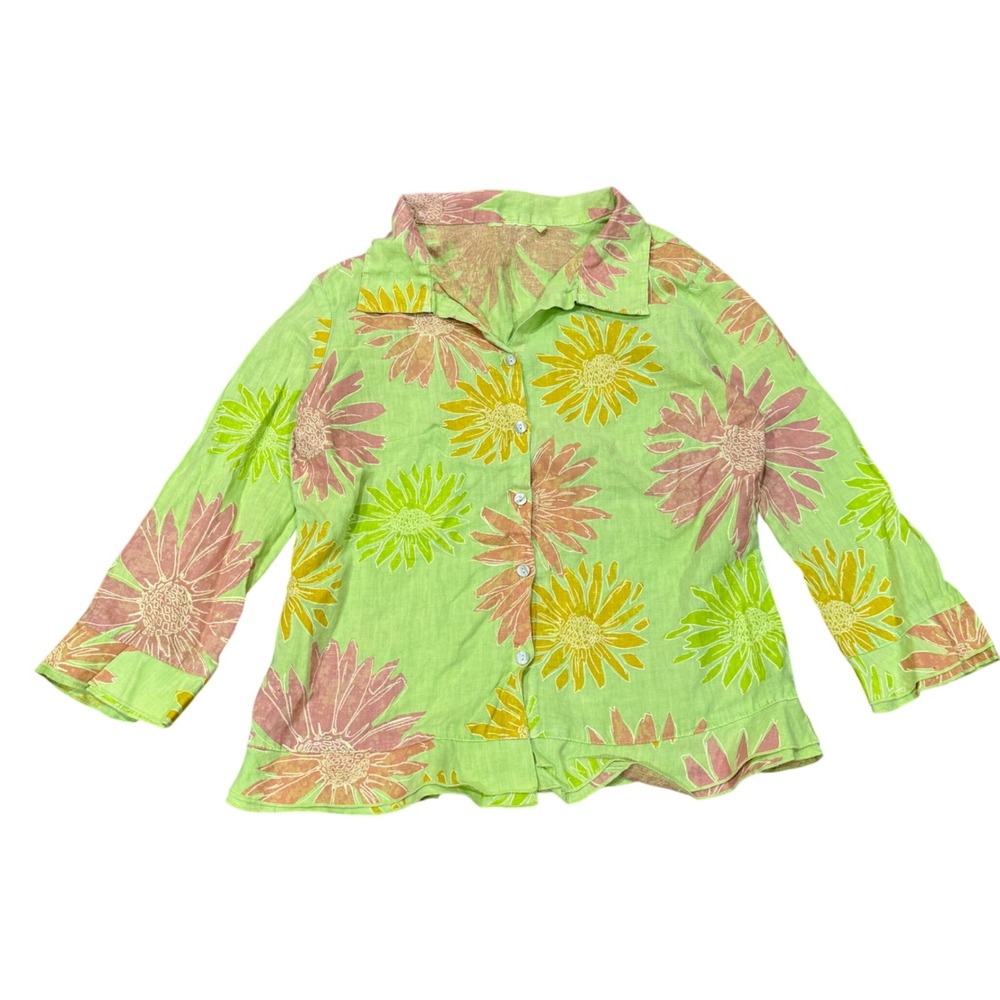 Fresh Produce Floral Linen Shirt Womens Medium Green Button Front Ruffle Boho